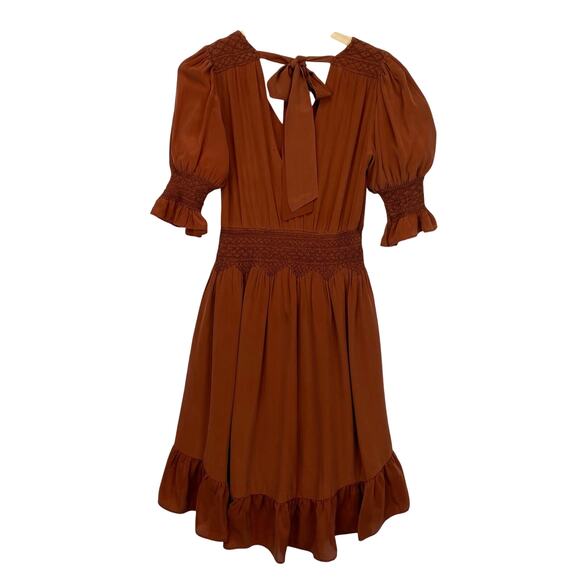 LOVE SAM Blixen Smocked Dress  Sz S 100% Silk Cognac Brown Ruffles Boho Cowgirl - Picture 4 of 14